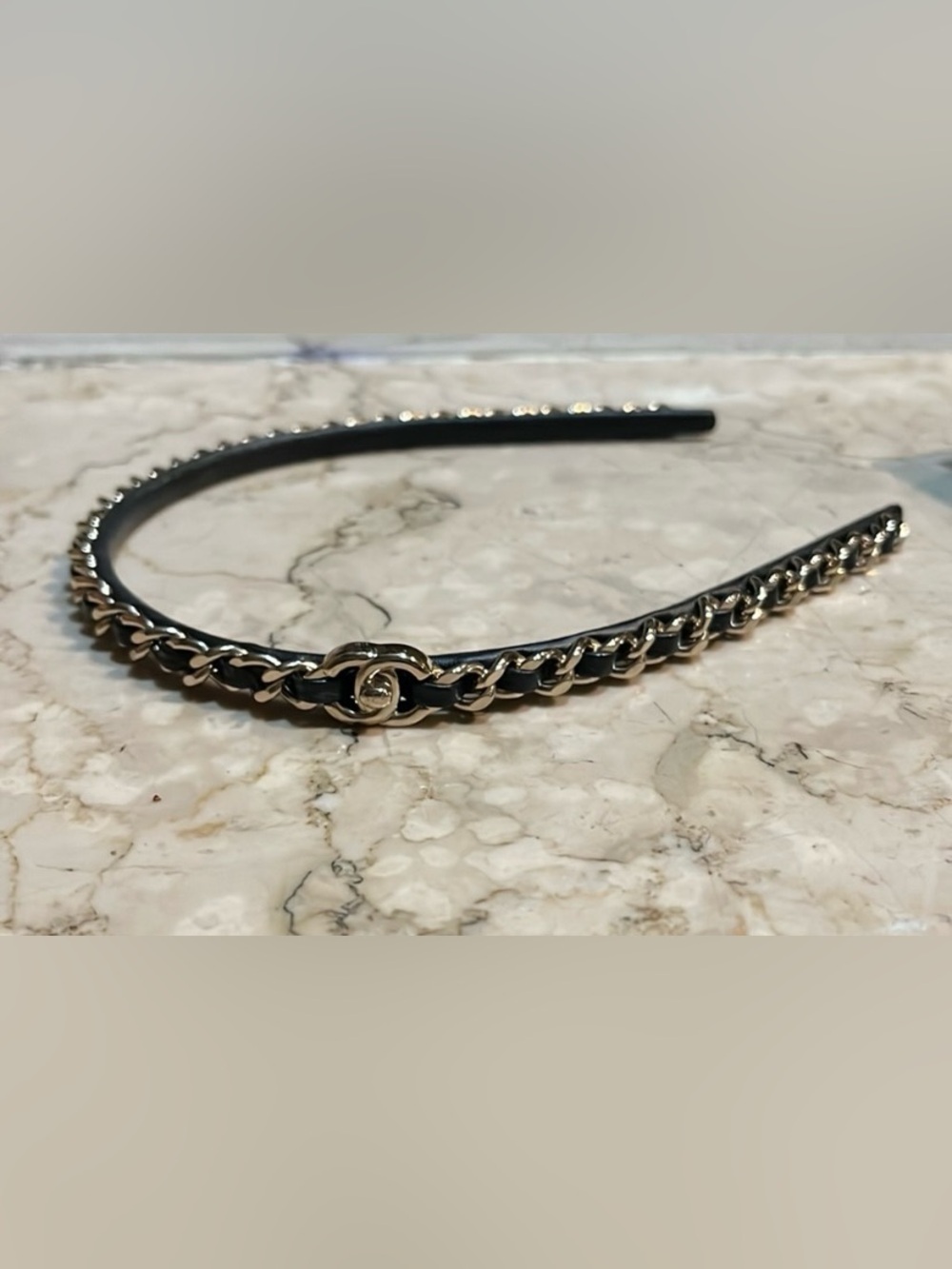 ChaneI Black leather and  Gold- Tone chain headband